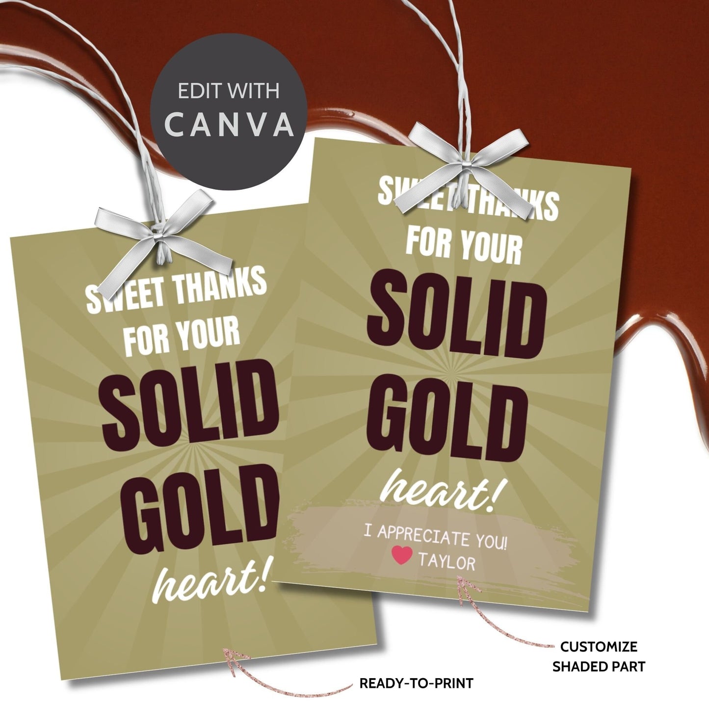 Image featuring SWEET THANKS FOR YOUR SOLID GOLD heart! Tags express gratitude with customizable names. Perfect for appreciation gifts to teachers, staff, nurses, and more.