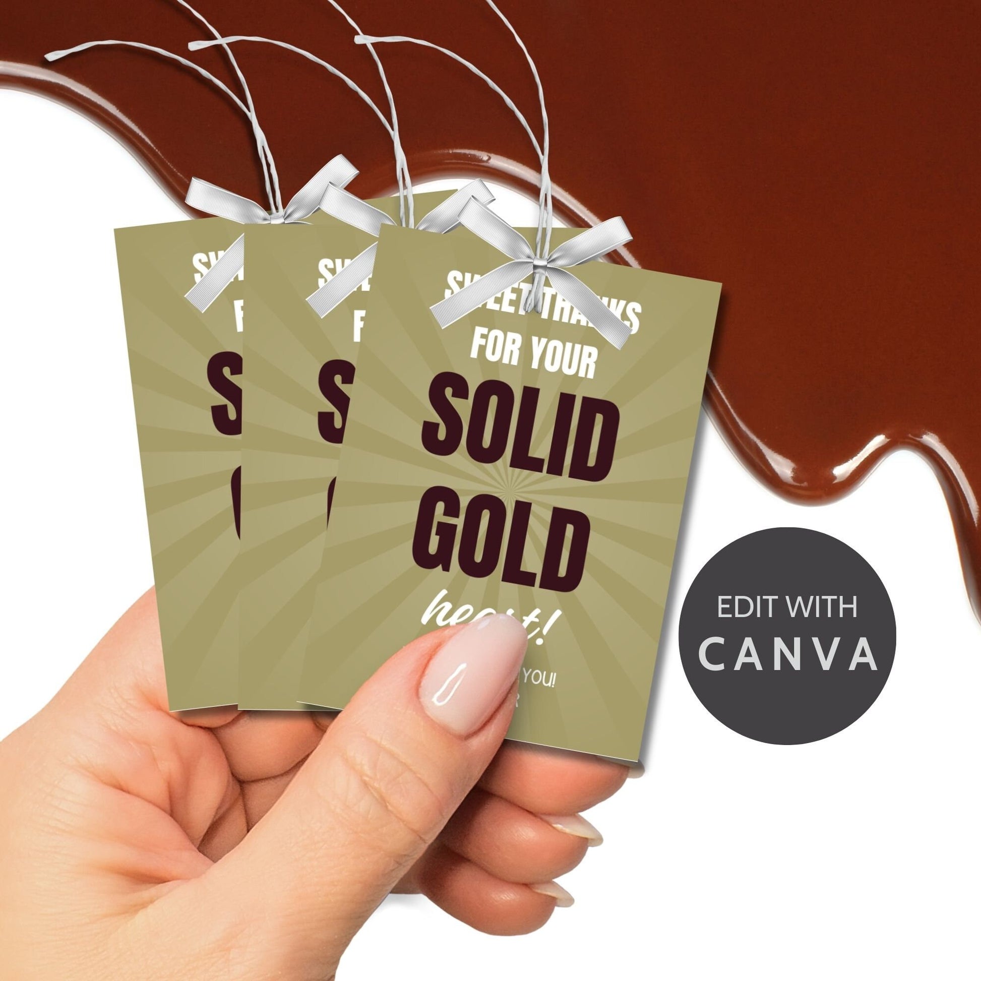 Image featuring SWEET THANKS FOR YOUR SOLID GOLD heart! Tags express gratitude with customizable names. Perfect for appreciation gifts to teachers, staff, nurses, and more.