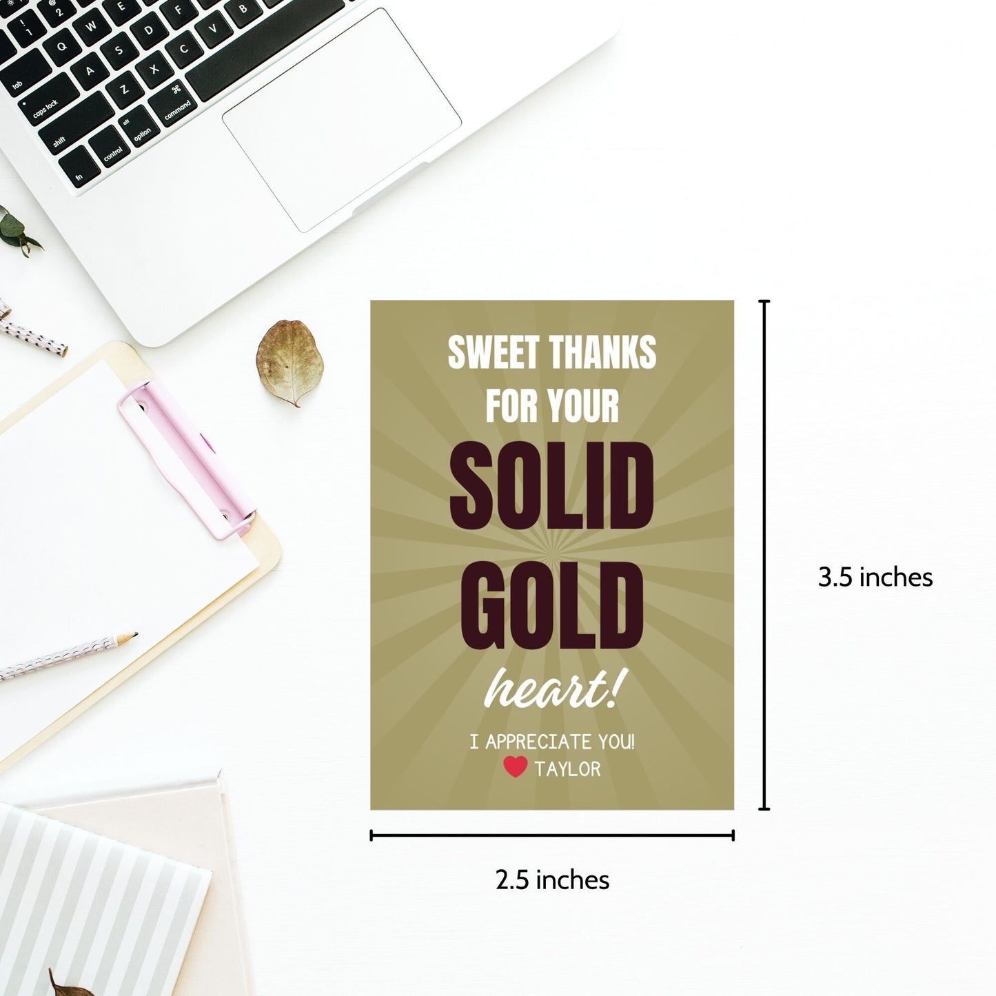 Image featuring SWEET THANKS FOR YOUR SOLID GOLD heart! Tags express gratitude with customizable names. Perfect for appreciation gifts to teachers, staff, nurses, and more.