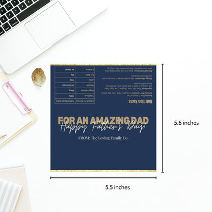 Navy and gold Fathers Day chocolate bar wrapper with text For an Amazing Dad! Happy Fathers Day! from the Loving Family Co.