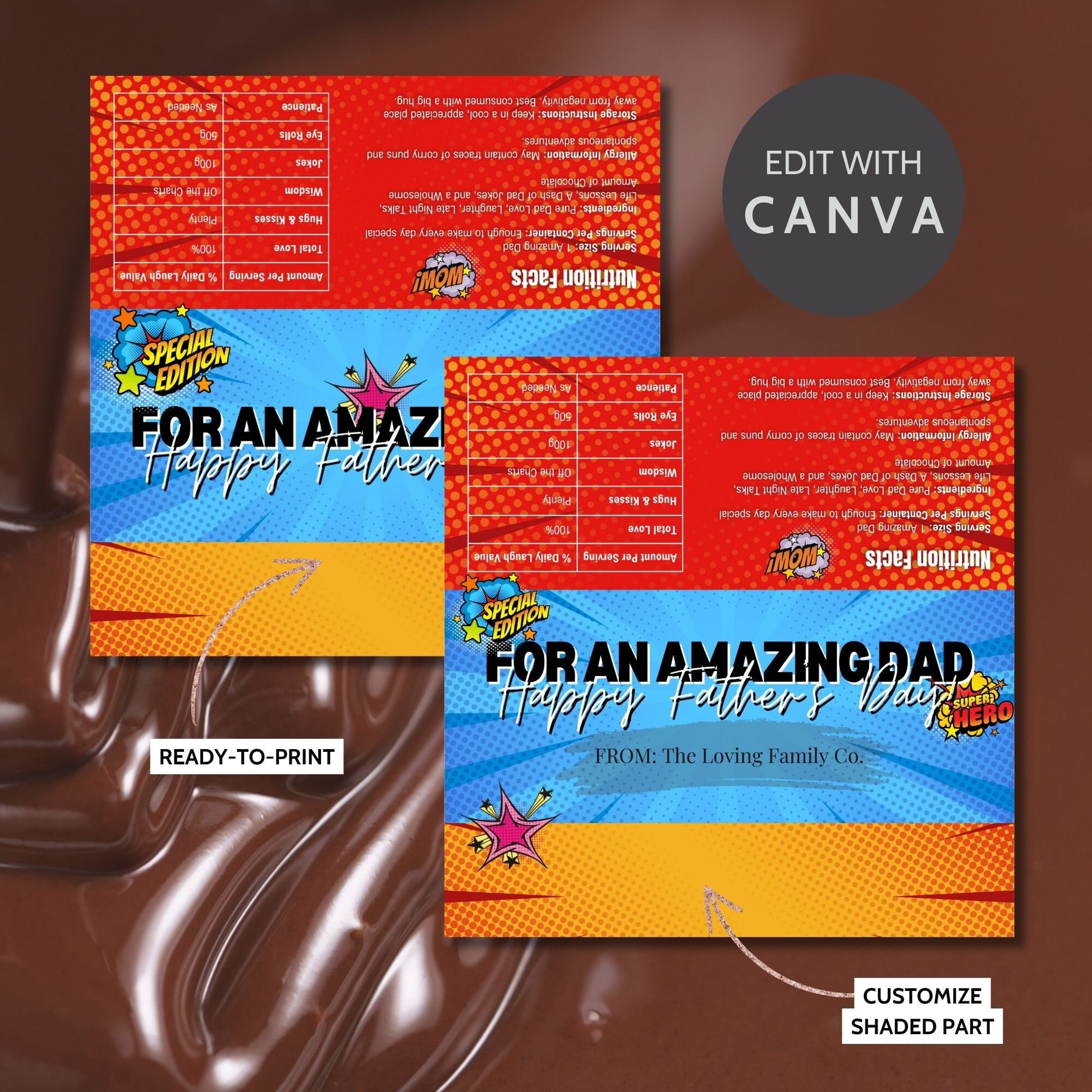 Bright and colorful comic-themed Fathers Day chocolate bar wrapper with superhero motifs and the text For an Amazing Dad! Happy Fathers Day! from the Loving Family Co.