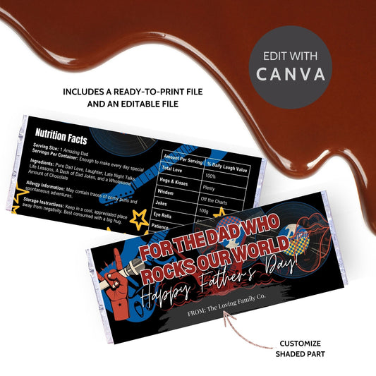 Rock and roll-themed Fathers Day chocolate bar wrapper featuring a hand making a rock sign, guitar, microphone, and vinyl records with the text For the Dad Who Rocks Our World! Happy Fathers Day! from the Loving Family Co.