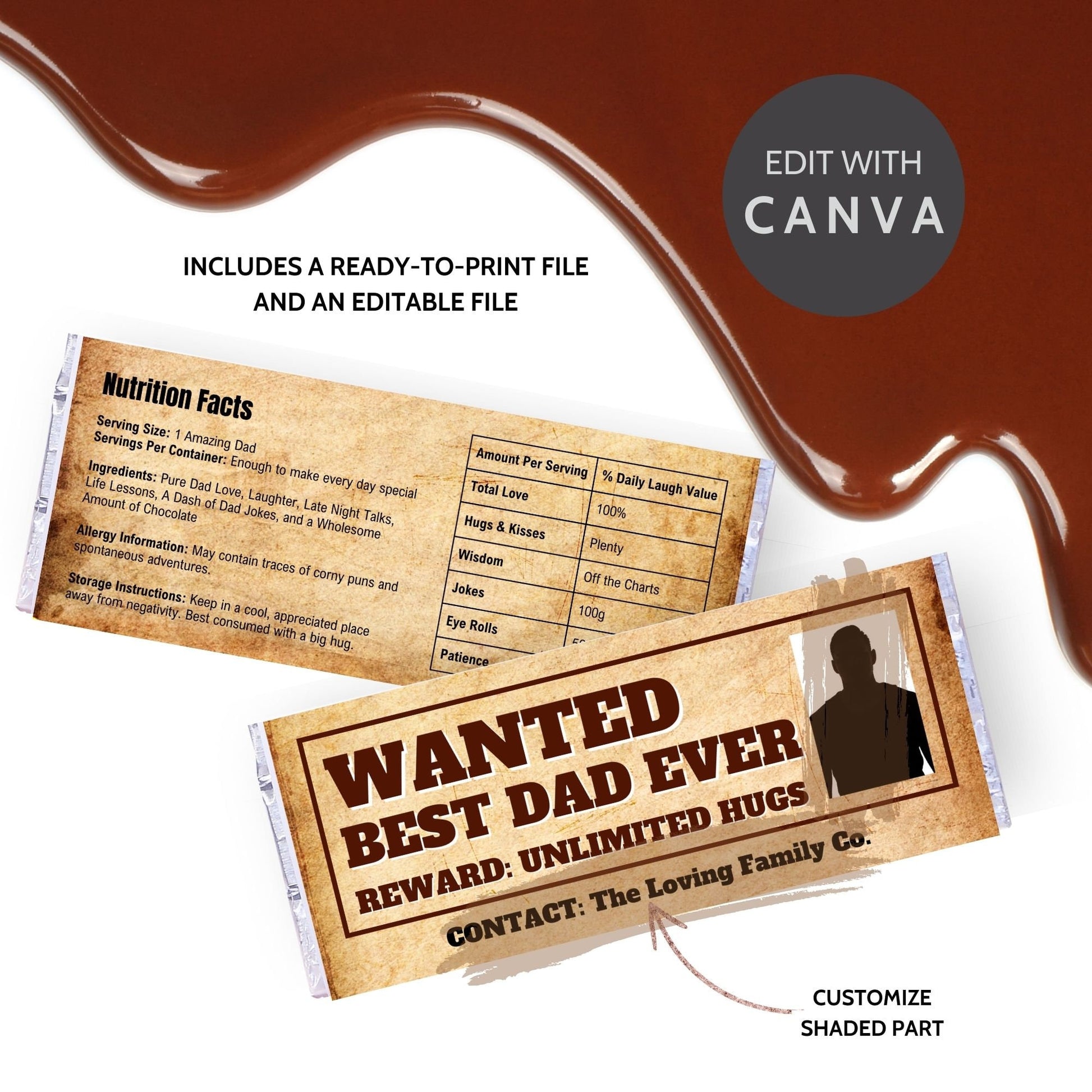 Western-themed Fathers Day chocolate bar wrapper styled as a Wanted poster with the text Wanted: Best Dad Ever - Reward: Unlimited Hugs and silhouette of a dad from the Loving Family Co.