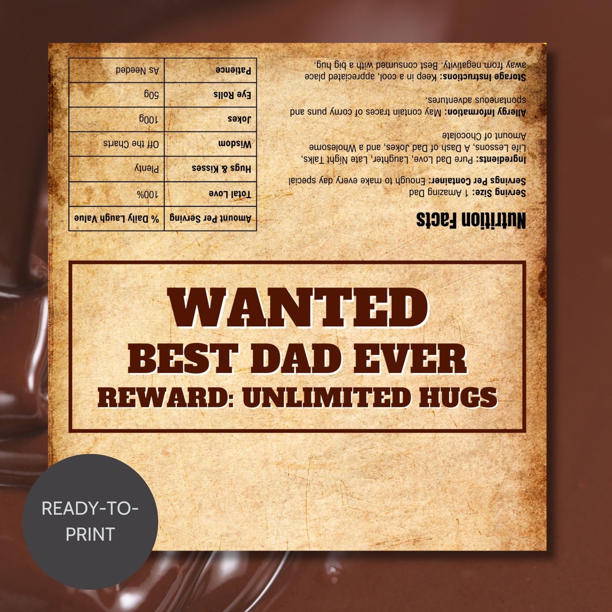 Western-themed Fathers Day chocolate bar wrapper styled as a Wanted poster with the text Wanted: Best Dad Ever - Reward: Unlimited Hugs and silhouette of a dad from the Loving Family Co.