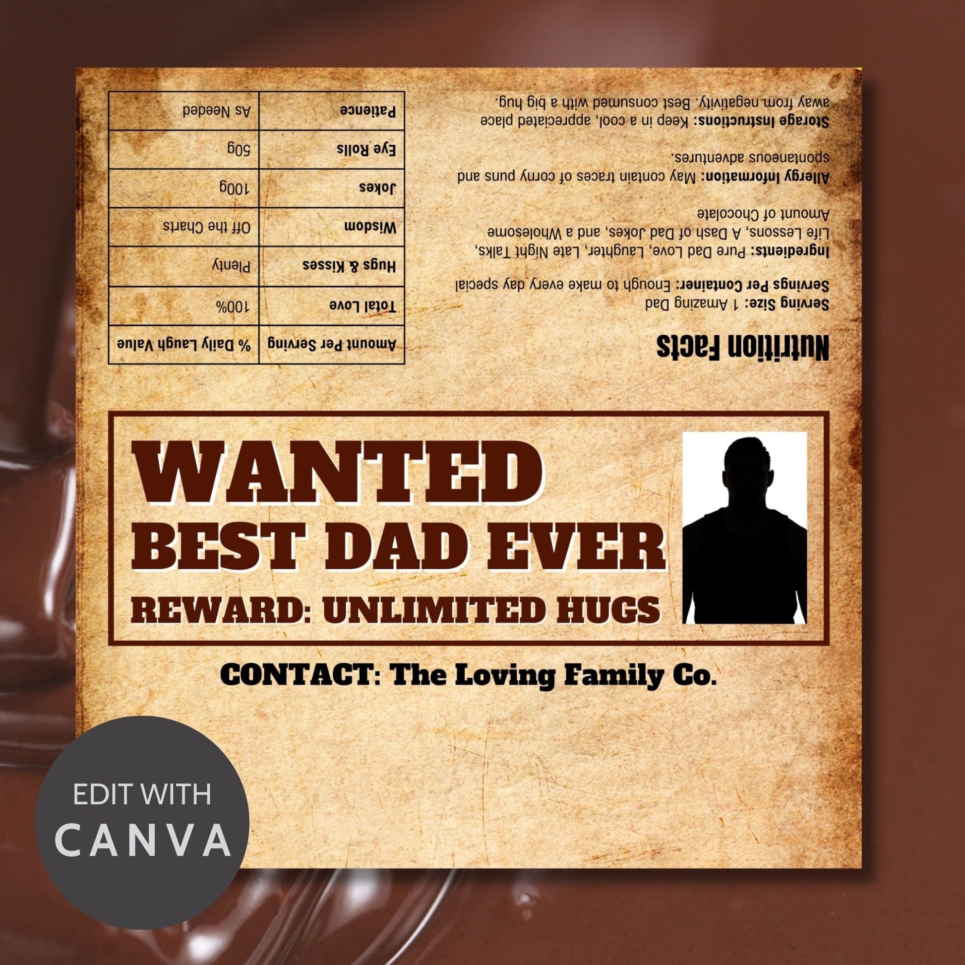 Western-themed Fathers Day chocolate bar wrapper styled as a Wanted poster with the text Wanted: Best Dad Ever - Reward: Unlimited Hugs and silhouette of a dad from the Loving Family Co.