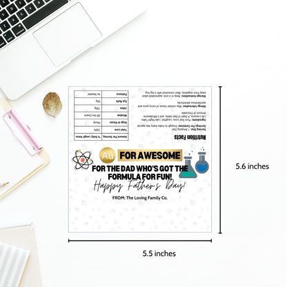 Science-themed Fathers Day chocolate bar wrapper featuring atomic and chemical flask symbols with the text For Awesome - For the Dad Who&#39;s Got the Formula for Fun! Happy Fathers Day! from the Loving Family Co.