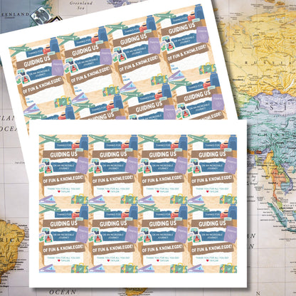 Image featuring THANKS FOR GUIDING US ON AN INCREDIBLE JOURNEY OF FUN & KNOWLEDGE! Tags express gratitude with a travel theme and customizable names. Perfect for appreciation gifts to teachers, staff, and more.