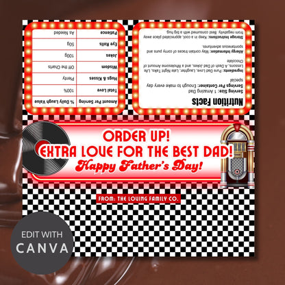 Retro diner-themed Fathers Day chocolate bar wrapper featuring a checkered background and neon sign style with the text Order Up! Extra Love for the Best Dad! Happy Fathers Day! from the Loving Family Co.