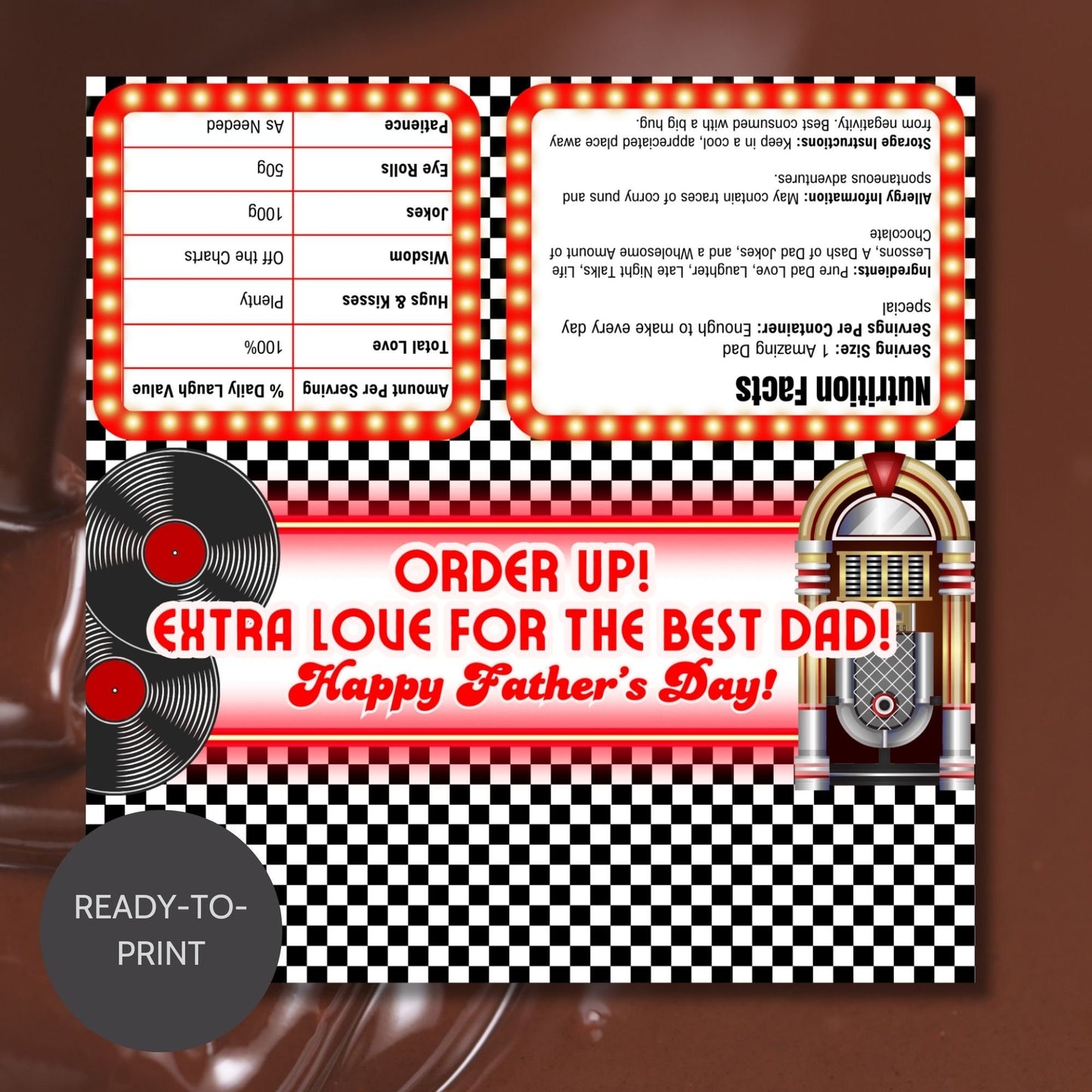 Retro diner-themed Fathers Day chocolate bar wrapper featuring a checkered background and neon sign style with the text Order Up! Extra Love for the Best Dad! Happy Fathers Day! from the Loving Family Co.