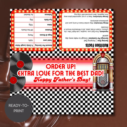 Retro diner-themed Fathers Day chocolate bar wrapper featuring a checkered background and neon sign style with the text Order Up! Extra Love for the Best Dad! Happy Fathers Day! from the Loving Family Co.