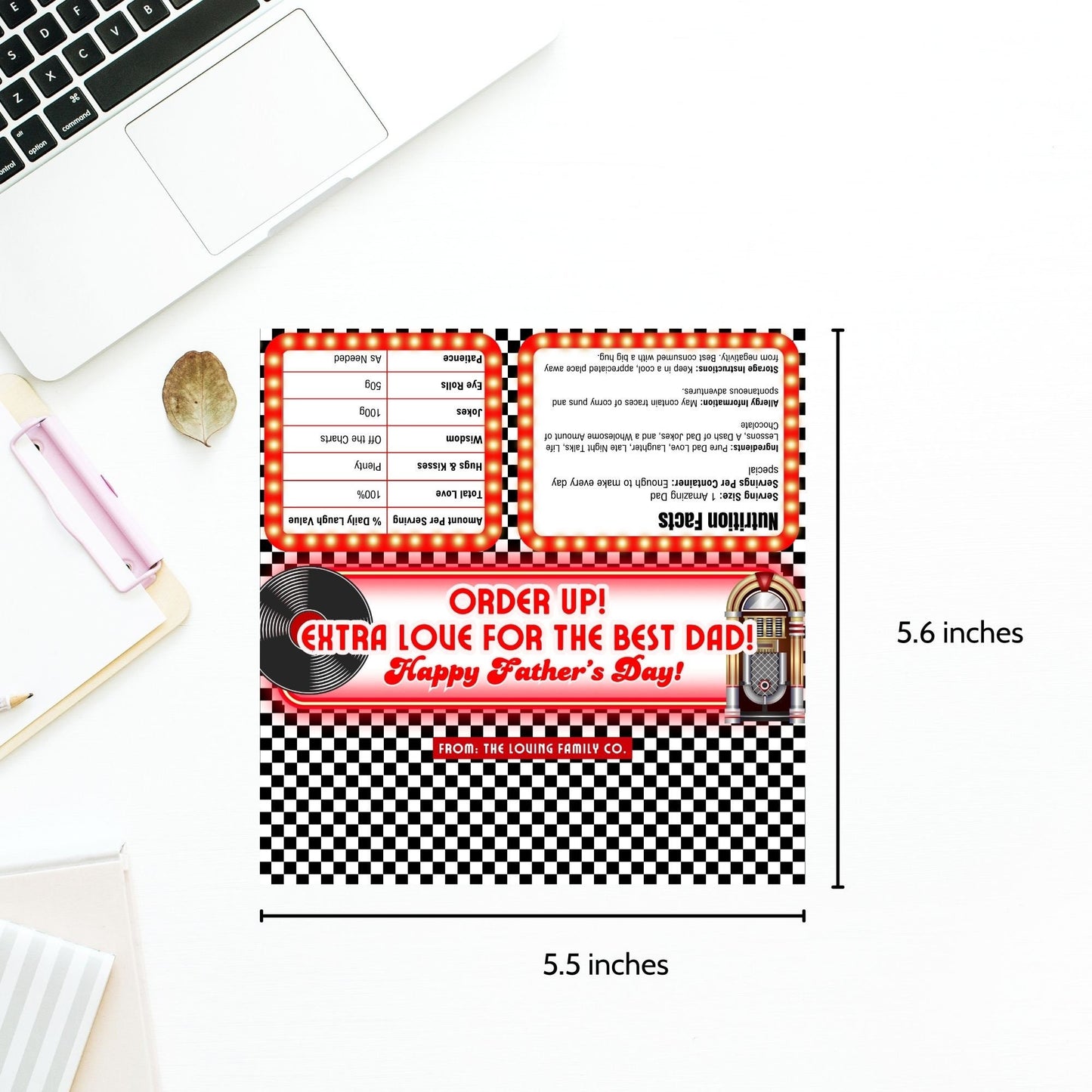 Retro diner-themed Fathers Day chocolate bar wrapper featuring a checkered background and neon sign style with the text Order Up! Extra Love for the Best Dad! Happy Fathers Day! from the Loving Family Co.