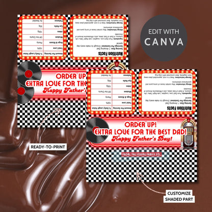 Retro diner-themed Fathers Day chocolate bar wrapper featuring a checkered background and neon sign style with the text Order Up! Extra Love for the Best Dad! Happy Fathers Day! from the Loving Family Co.