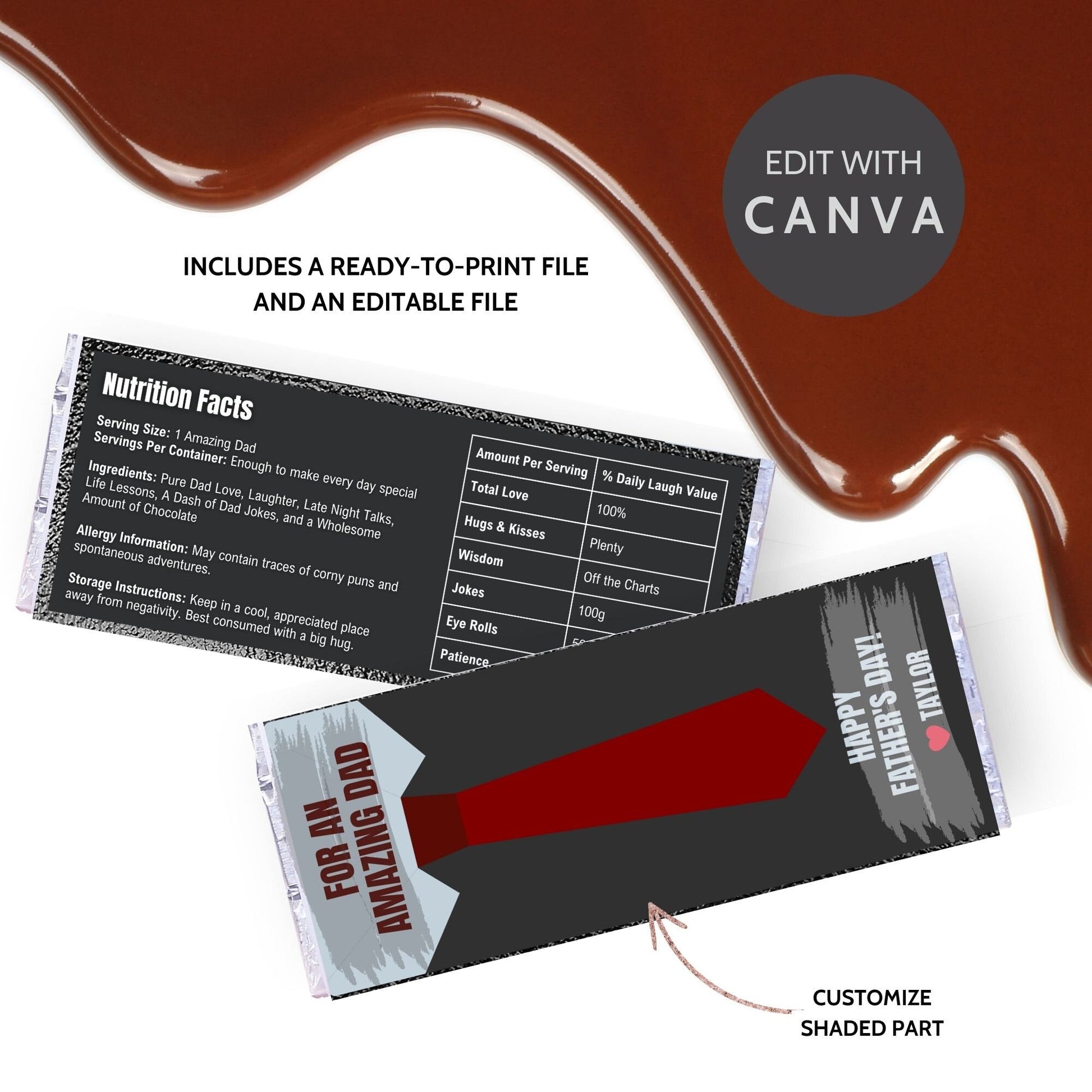 Sophisticated necktie-themed Fathers Day chocolate bar wrapper in shades of red and dark gray with the text For an Amazing Dad - Happy Fathers Day! - Taylor ❤️