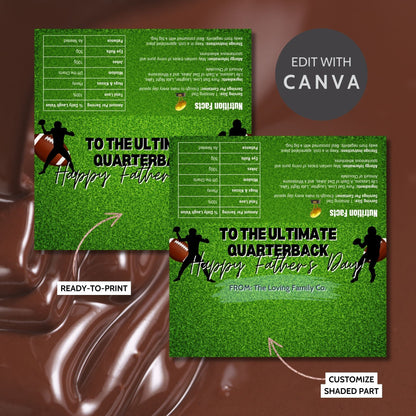 Football-themed Fathers Day chocolate bar wrapper featuring quarterback silhouettes on a grassy field background with the text To the Ultimate Quarterback! Happy Fathers Day! from the Loving Family Co.