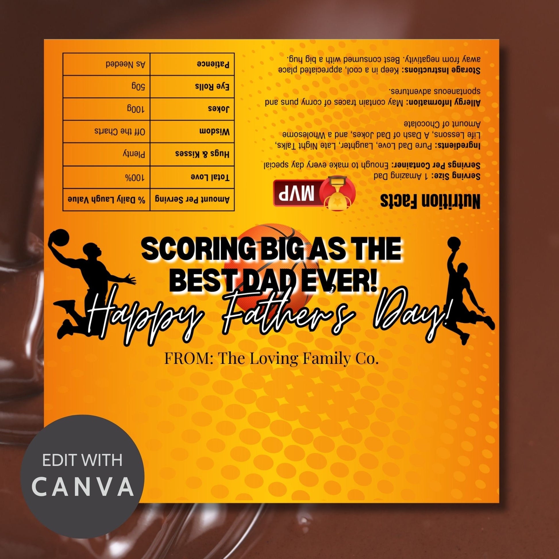 Orange and black basketball-themed Fathers Day chocolate bar wrapper featuring a basketball player silhouette with the text Scoring Big as the Best Dad Ever! Happy Father&#39;s Day! from the Loving Family Co.