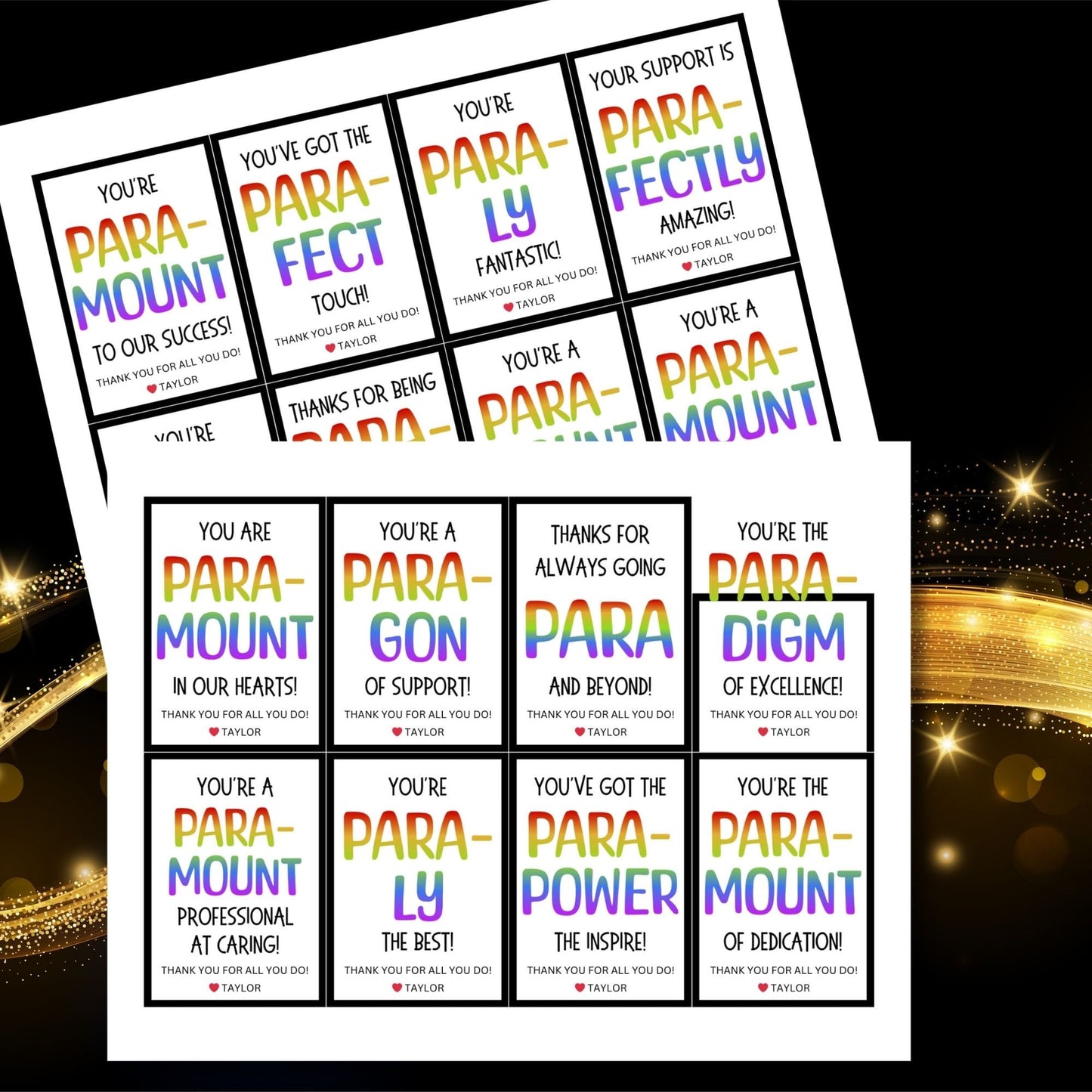 Two sets of colorful, printable appreciation gift tags for paraprofessionals with messages like Youre the PARA-MOUNT of Excellence and Youve got the PARA-POWER to Inspire. Each tag includes a customizable name field