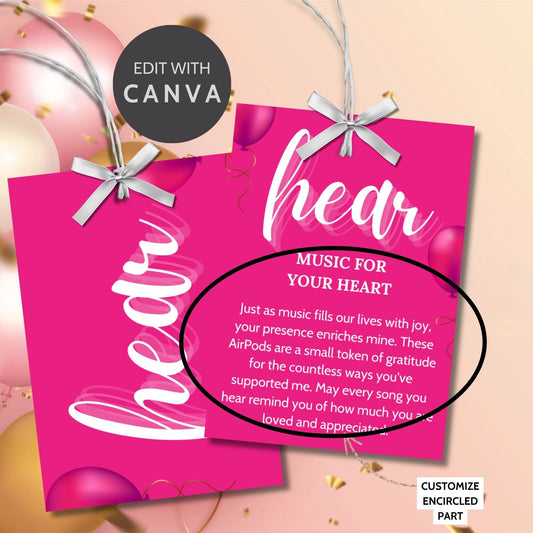 Editable birthday 5 senses gift tags in vibrant pink, featuring heartfelt messages for each sense: sight, hear, taste, smell, and touch. Tags are customizable via Canva and perfect for making birthdays special.