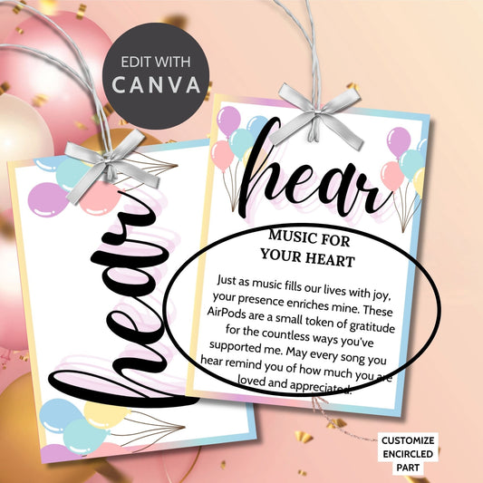 Customizable 5 Senses Birthday Gift Tags for teachers, nurses, employees, staff, bus drivers, and admin. Includes a PDF with an editable Canva template. Double-sided design with personalized descriptions and recipient&#39;s name.