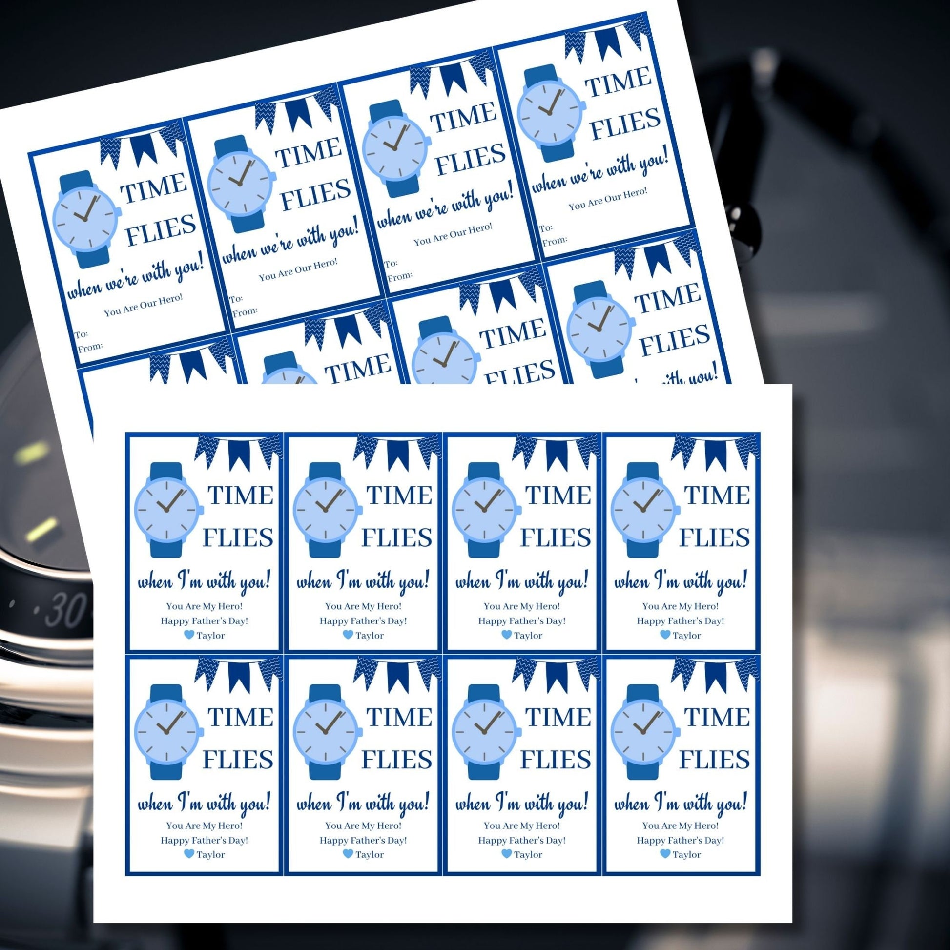 Time Flies When Im With You Fathers Day gift tags in blue and white. Features a watch icon, customizable name field, and banners. Buyers receive a ready-to-print PDF and an editable Canva template to personalize the tags for their father figures.