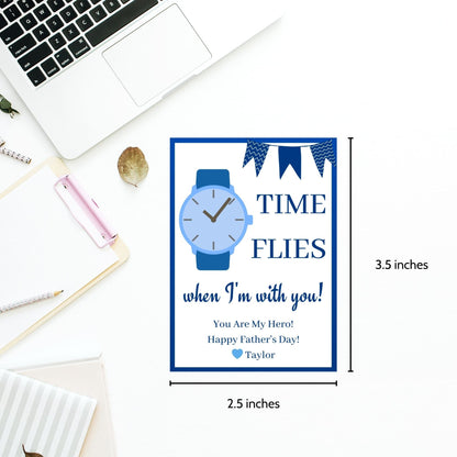 Time Flies When Im With You Fathers Day gift tags in blue and white. Features a watch icon, customizable name field, and banners. Buyers receive a ready-to-print PDF and an editable Canva template to personalize the tags for their father figures.