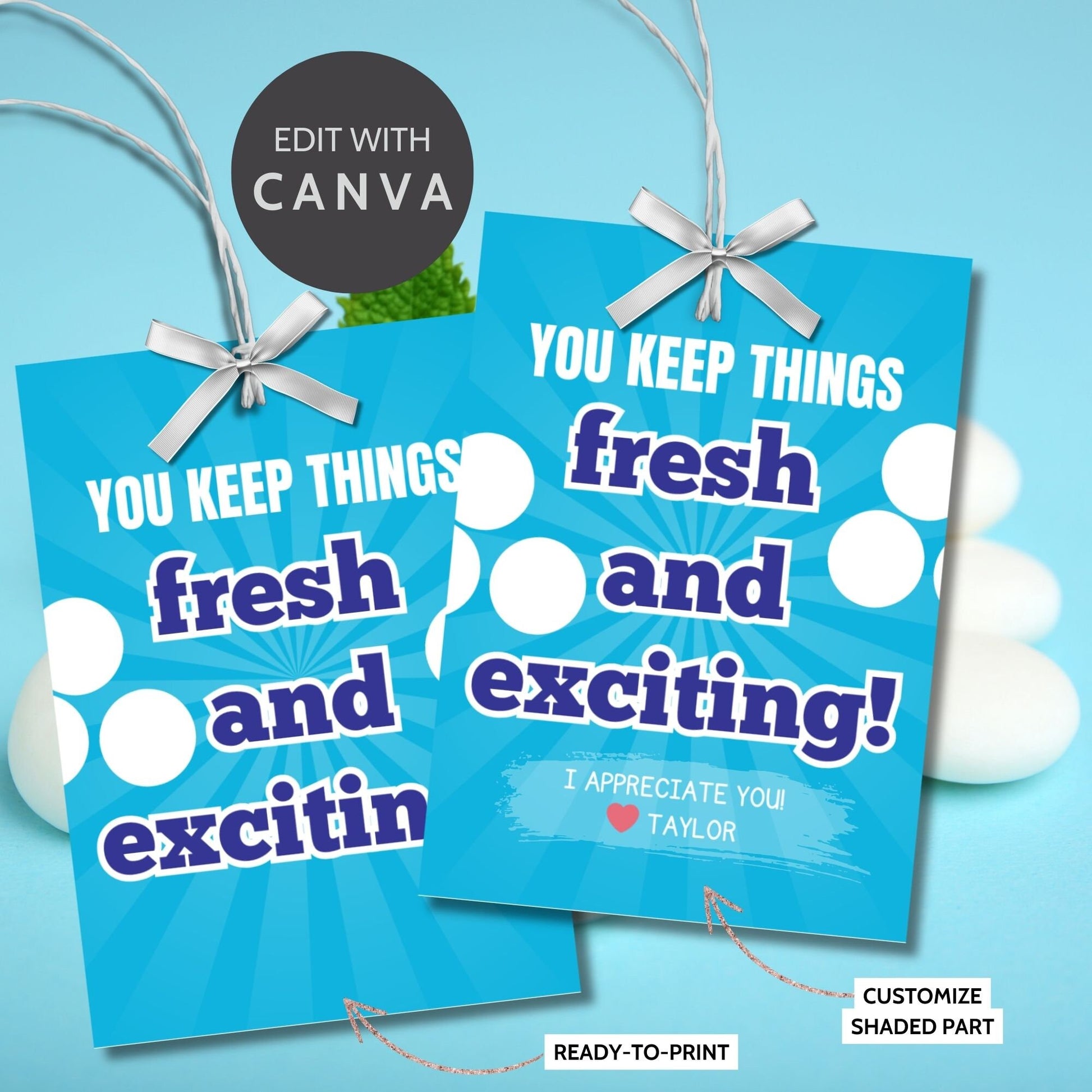 Image showcasing YOU KEEP THINGS fresh and exciting! Tags express gratitude with customizable names. Perfect for appreciation gifts to teachers, staff, nurses, and more.