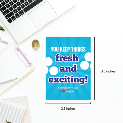 Image showcasing YOU KEEP THINGS fresh and exciting! Tags express gratitude with customizable names. Perfect for appreciation gifts to teachers, staff, nurses, and more.