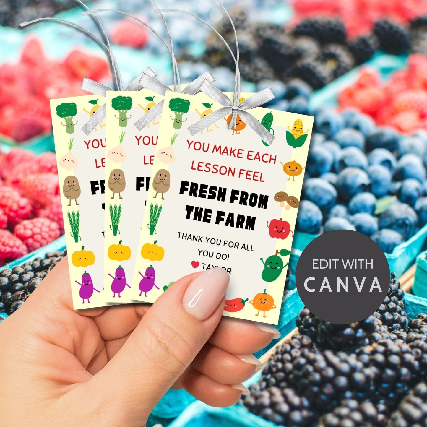 Image showcasing YOU MAKE EACH LESSON FEEL FRESH FROM THE FARMTags express gratitude with a colorful farmer&#39;s market theme and customizable names. Perfect for appreciation gifts to teachers, staff, and more.