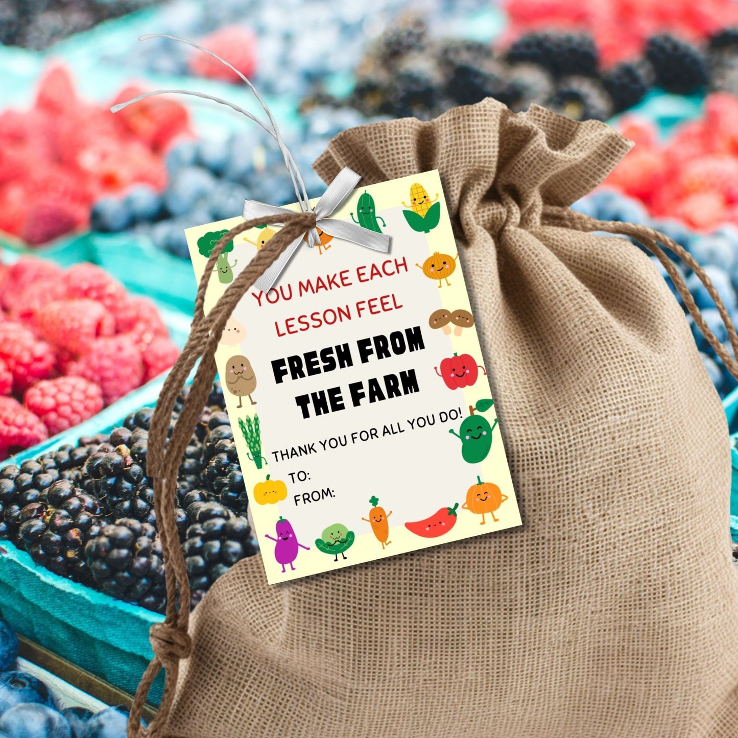 Image showcasing YOU MAKE EACH LESSON FEEL FRESH FROM THE FARMTags express gratitude with a colorful farmer&#39;s market theme and customizable names. Perfect for appreciation gifts to teachers, staff, and more.