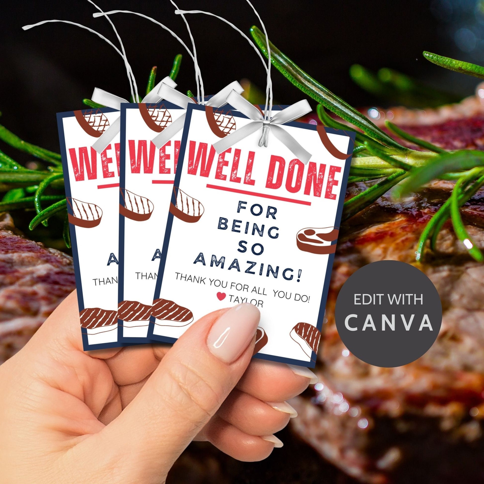 Image showcasing WELL DONE FOR BEING SO AMAZING! Tags express gratitude with customizable names. Perfect for appreciation gifts to dads, teachers, staff, and more.