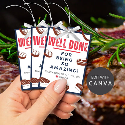 Image showcasing WELL DONE FOR BEING SO AMAZING! Tags express gratitude with customizable names. Perfect for appreciation gifts to dads, teachers, staff, and more.