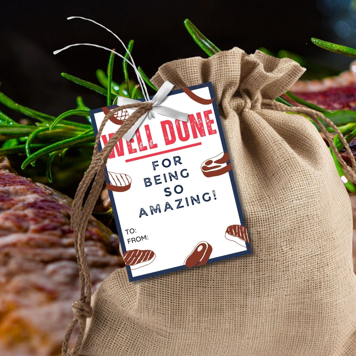 Image showcasing WELL DONE FOR BEING SO AMAZING! Tags express gratitude with customizable names. Perfect for appreciation gifts to dads, teachers, staff, and more.