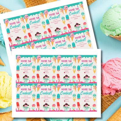 Colorful summer gift tags featuring playful ice cream characters with text Youre The Coolest! Have an ice-cream-credible summer! Personalize with names.