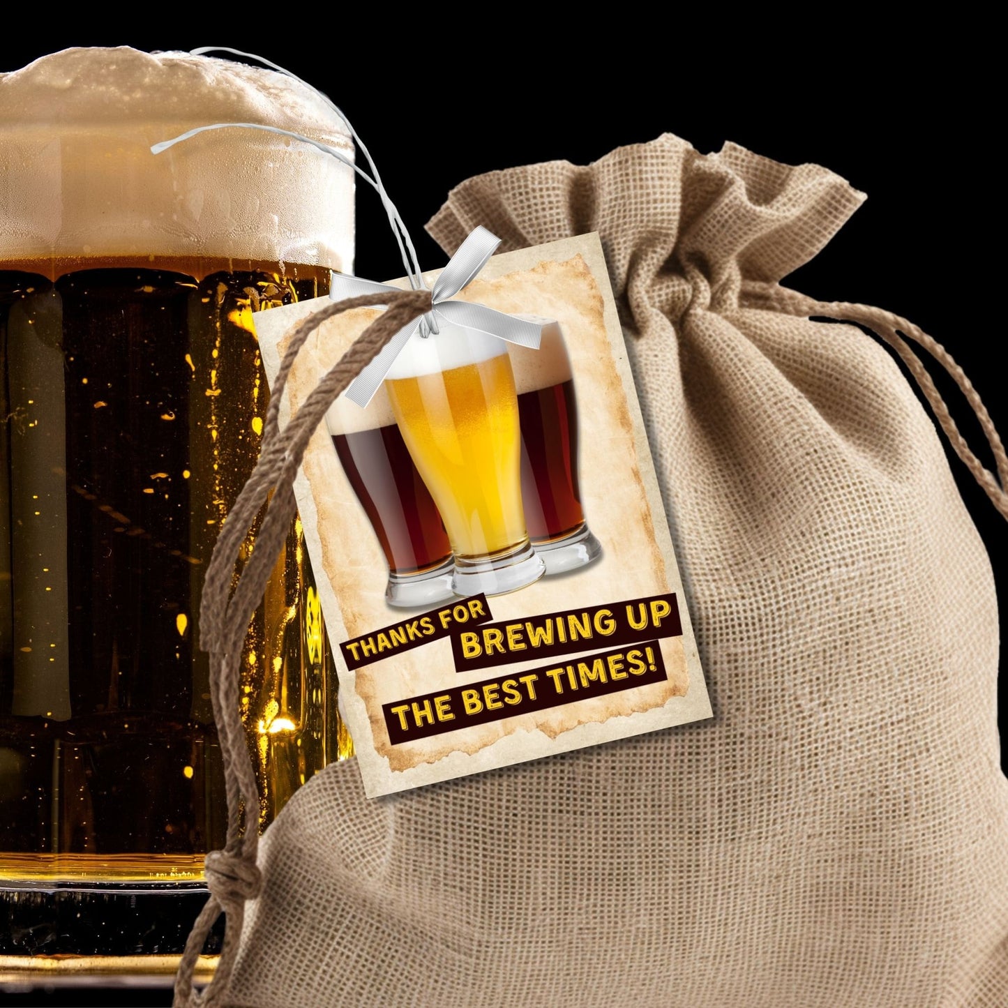 Eight brewing-themed Fathers Day gift tags displayed in two rows of four. Each tag features a message about thanking dad for brewing up the best times, with a customizable name slot.