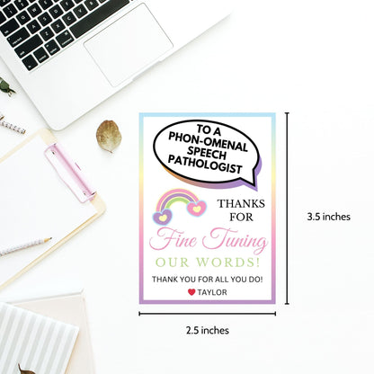 Colorful appreciation gift tags for speech pathologists with a rainbow and heart design, stating Thanks for fine tuning our words! Includes a link to an editable Canva template for personalization.