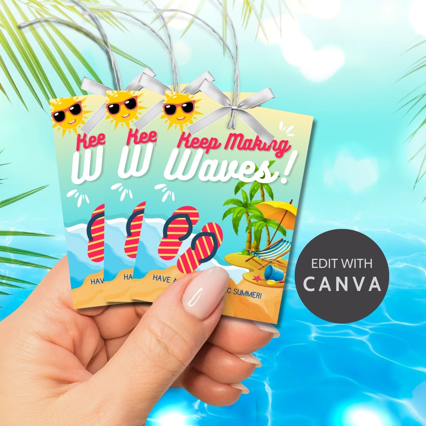 Vibrant summer gift tags featuring a sunny beach scene with flip-flops and a cheerful sun, text reads Keep Making Waves! Have a Splash-tastic Summer! Personalize with names.