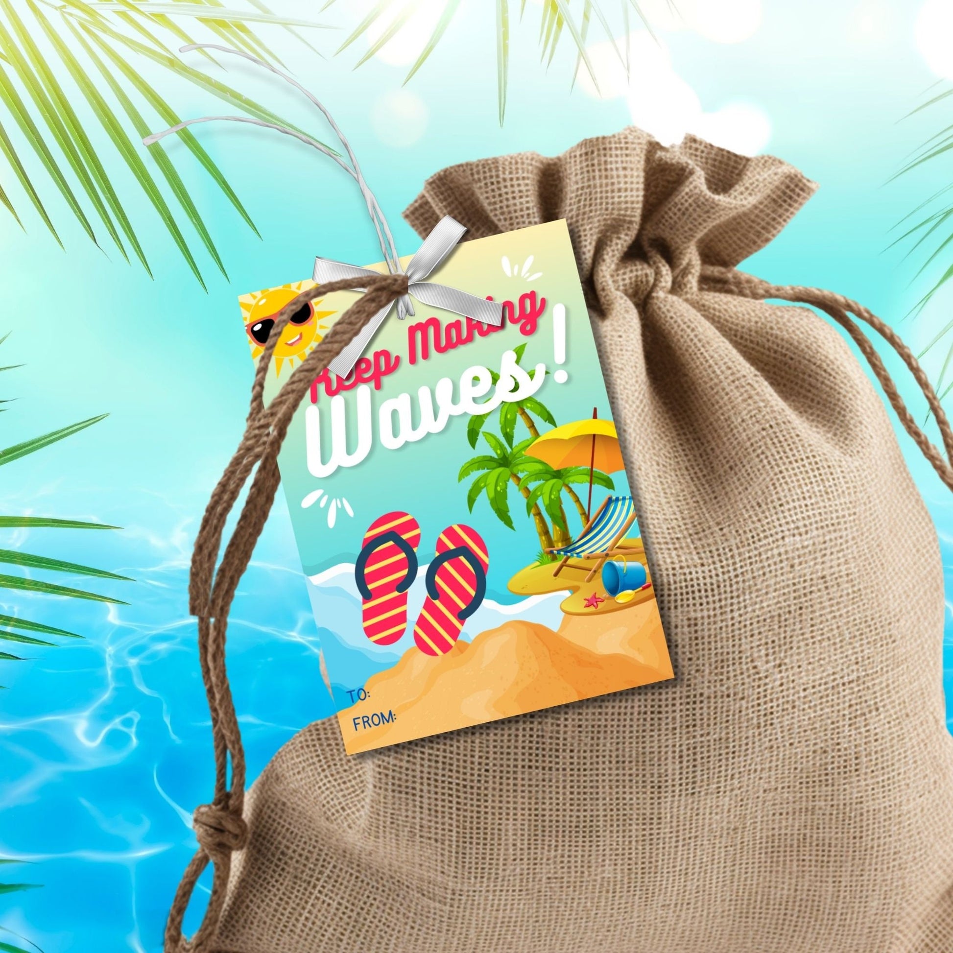 Vibrant summer gift tags featuring a sunny beach scene with flip-flops and a cheerful sun, text reads Keep Making Waves! Have a Splash-tastic Summer! Personalize with names.