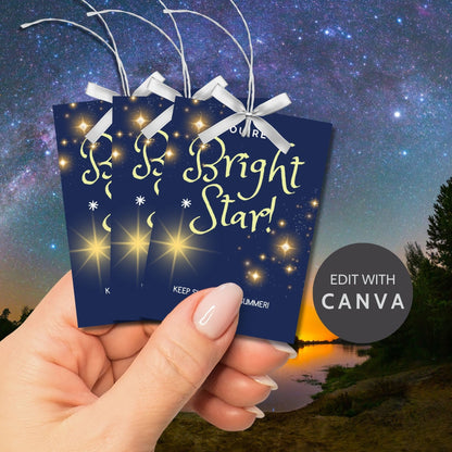 Deep blue gift tags with a glittering star design, featuring text Youre a Bright Star! Keep Shining All Summer! Personalize with names.