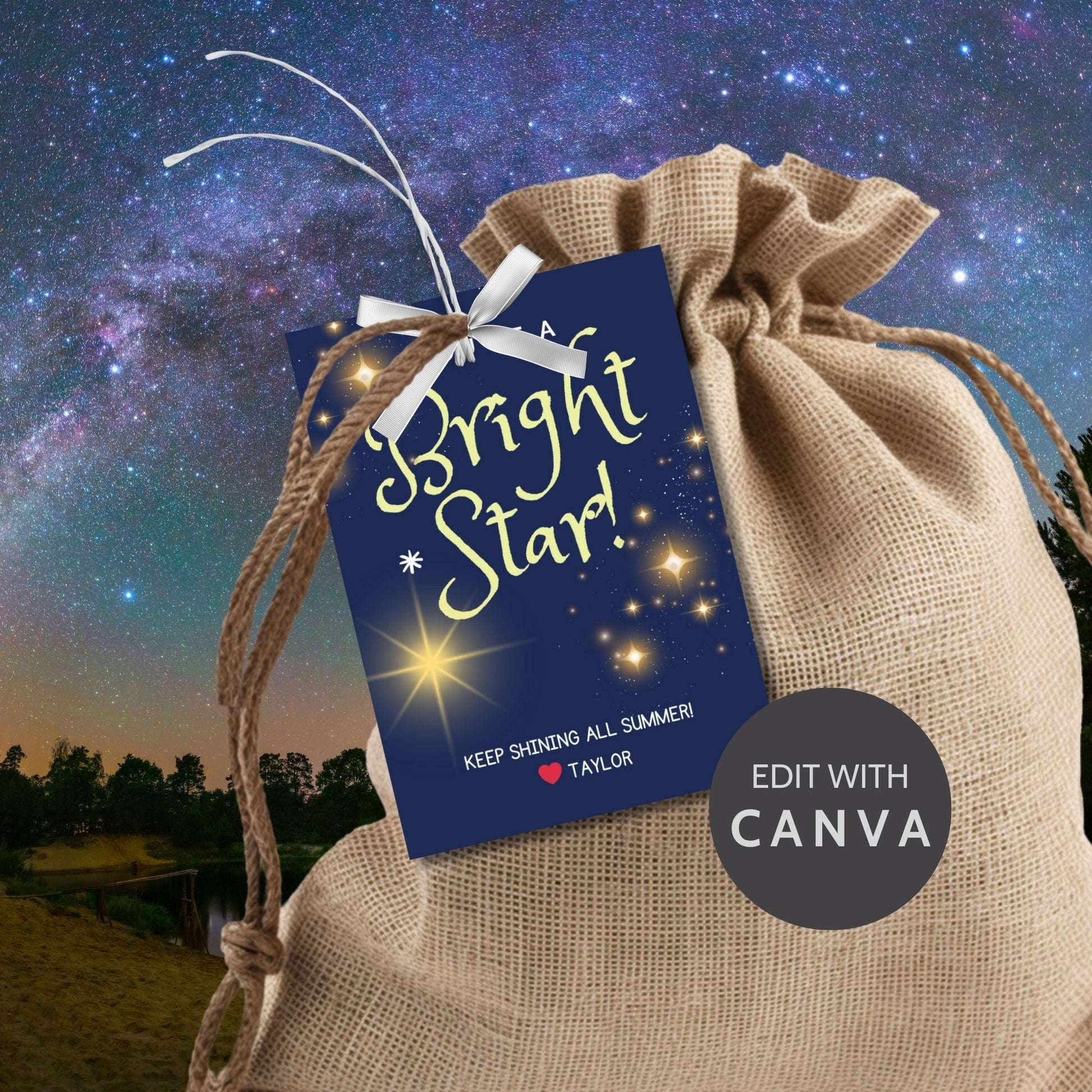 Deep blue gift tags with a glittering star design, featuring text Youre a Bright Star! Keep Shining All Summer! Personalize with names.