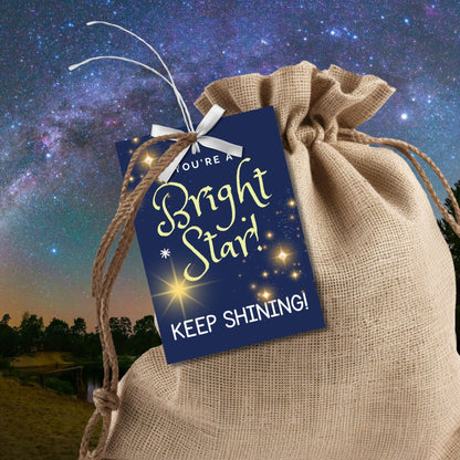 Deep blue gift tags with a glittering star design, featuring text Youre a Bright Star! Keep Shining All Summer! Personalize with names.