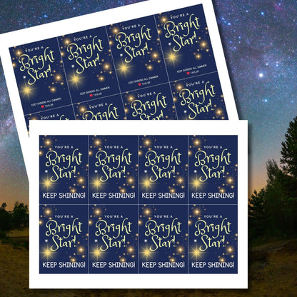 Deep blue gift tags with a glittering star design, featuring text Youre a Bright Star! Keep Shining All Summer! Personalize with names.