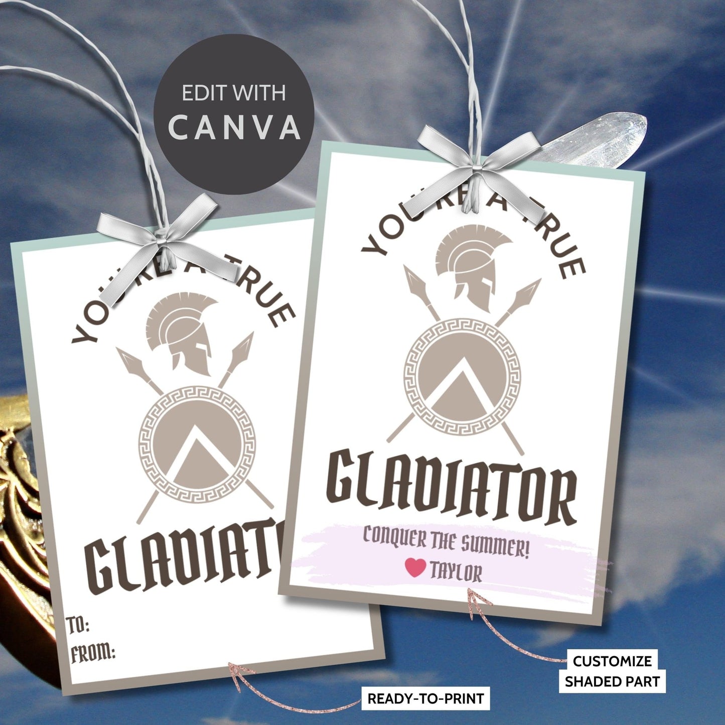 Sturdy summer gift tags featuring a gladiator helmet and swords with the text Youre a True Gladiator! Conquer the Summer! Personalize with names.