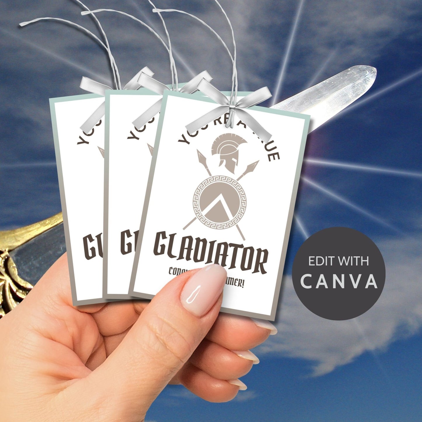 Sturdy summer gift tags featuring a gladiator helmet and swords with the text Youre a True Gladiator! Conquer the Summer! Personalize with names.