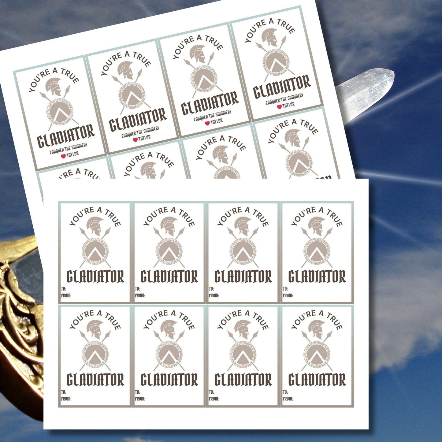 Sturdy summer gift tags featuring a gladiator helmet and swords with the text Youre a True Gladiator! Conquer the Summer! Personalize with names.