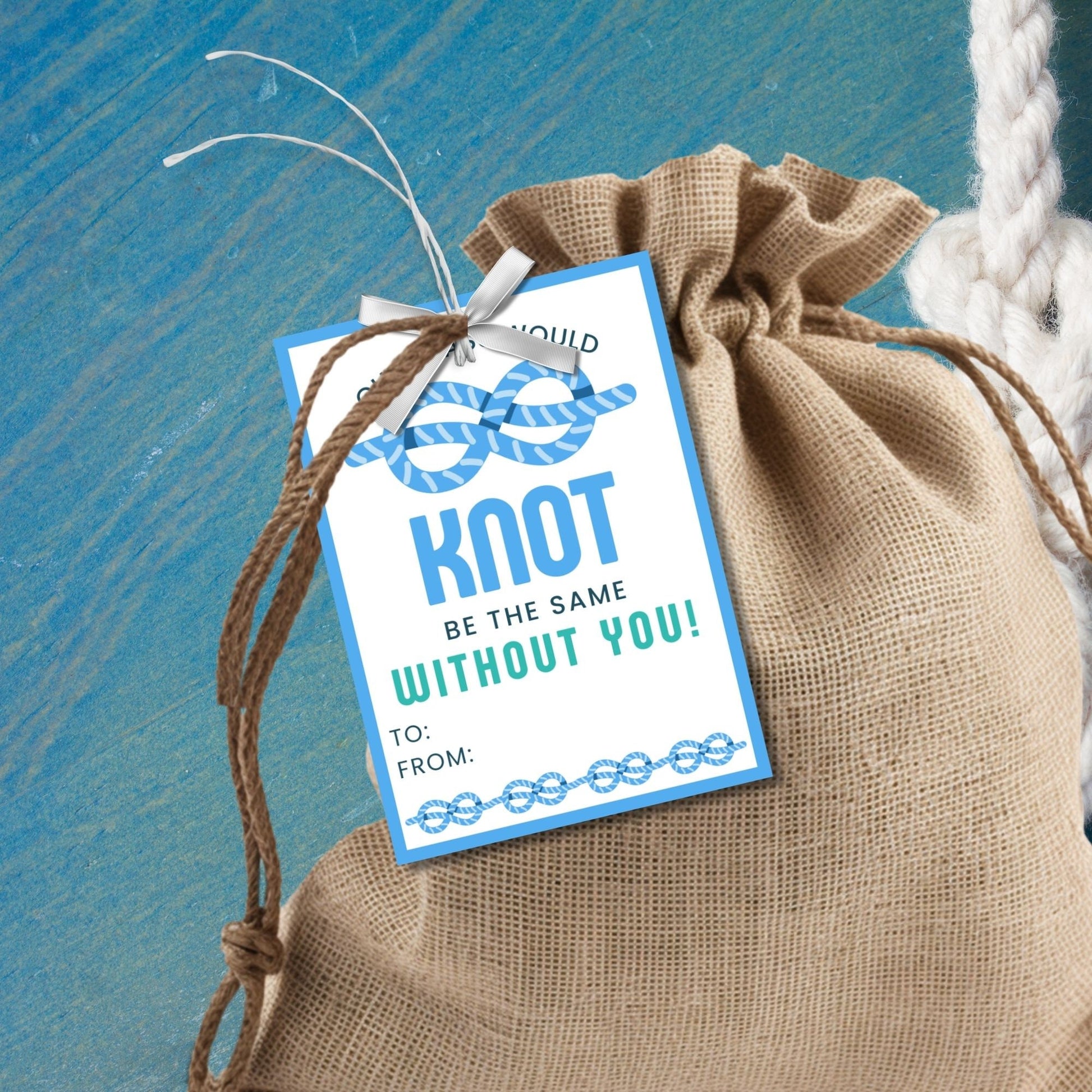 Nautical-themed summer gift tags with a blue knot design, featuring the text Our Class Would Knot Be the Same Without You! Tie Up a Great Summer! Personalize with names.