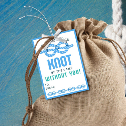 Nautical-themed summer gift tags with a blue knot design, featuring the text Our Class Would Knot Be the Same Without You! Tie Up a Great Summer! Personalize with names.