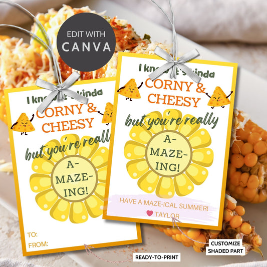 Bright yellow summer gift tags featuring a cheese wheel maze, with playful text I know it&#39;s kinda corny & cheesy but you&#39;re really a-maze-ing! Have a maze-ical summer! Personalize with names.