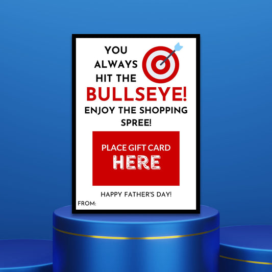 Fathers Day card with You always hit the Bullseye! Enjoy the shopping spree! message and Targets bullseye symbol, ideal for pairing with a Target gift card.