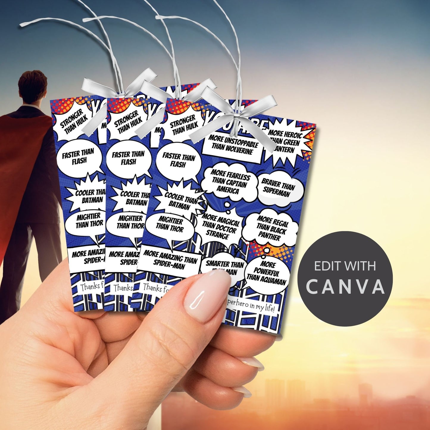 Eight comic superhero-themed Fathers Day gift tags displayed in two rows of four. Each tag features a message about how dad embodies various superhero traits, with a customizable name slot.