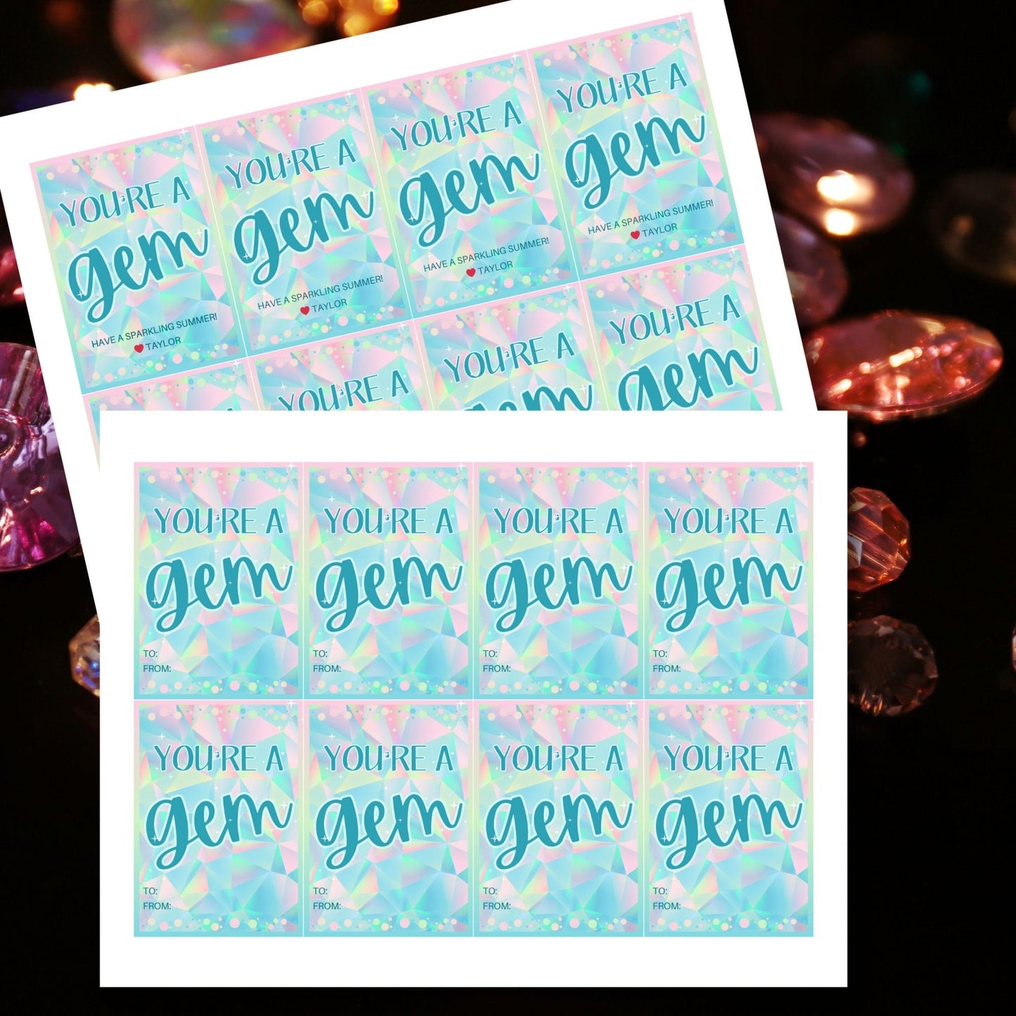 Shimmering summer gift tags featuring a gemstone design with pastel colors, text reads Youre a Gem! Have a Sparkling Summer! Personalize with names.