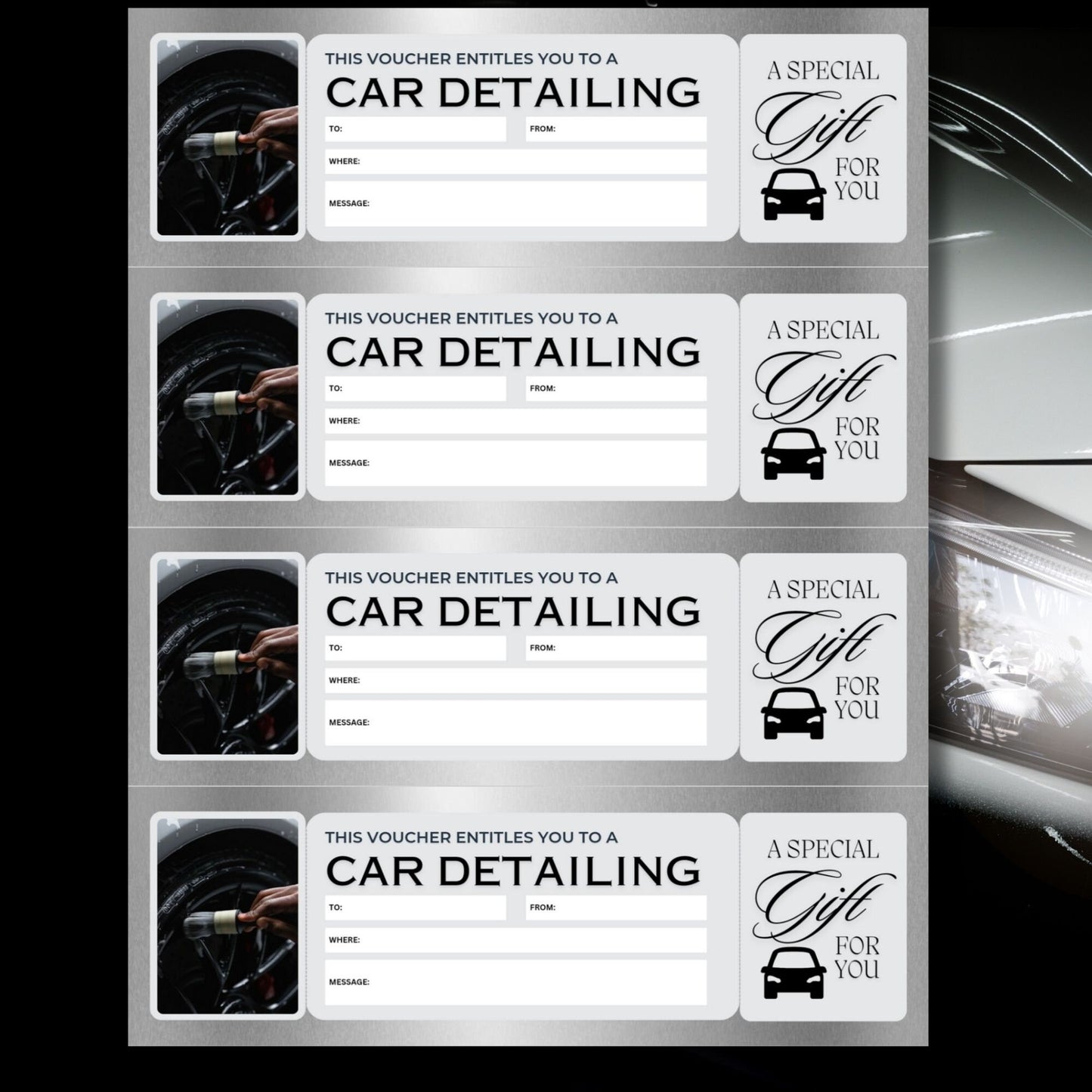 Four printable car detailing gift vouchers laid out on a gray background, featuring a high-quality image of a car wheel being cleaned, with fields for personalization.